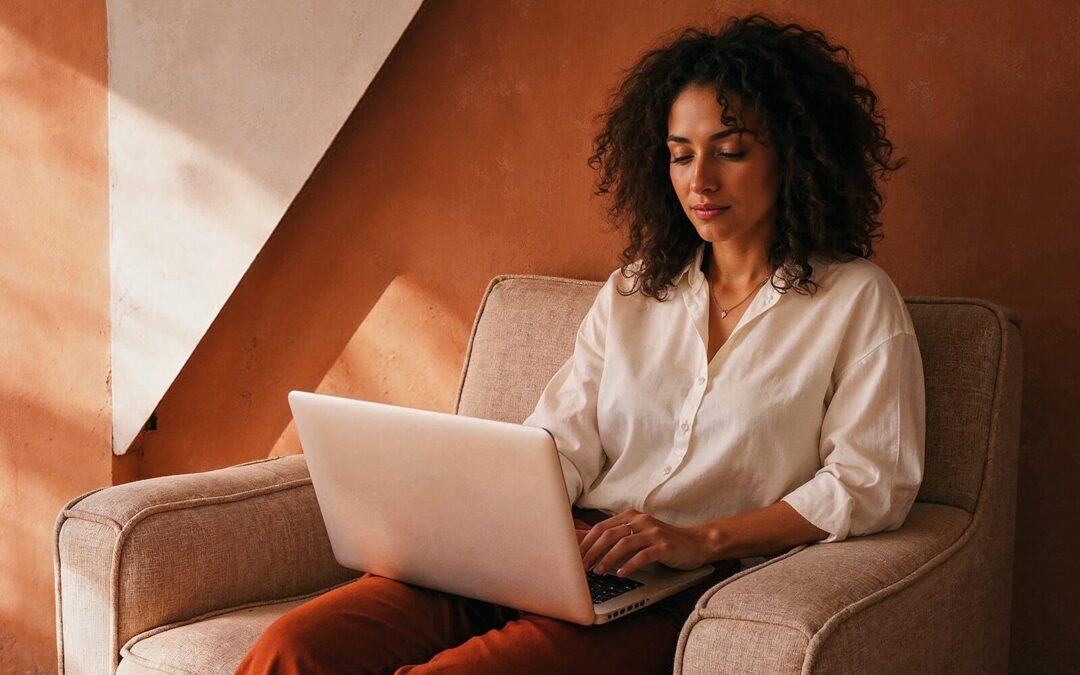 woman in a white long-sleeve polo sitting comfortably with a laptop on her lap