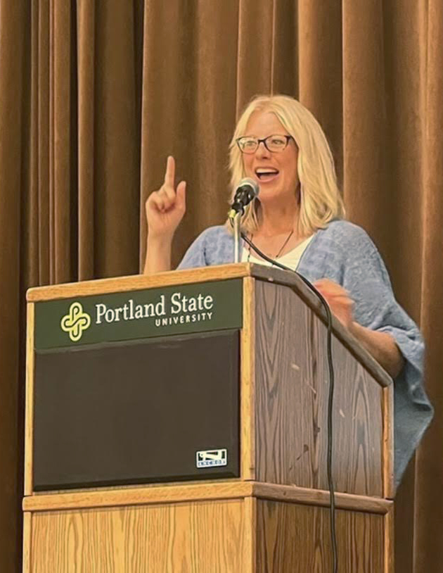 Jolene Park speaking at a podium about Gray Area Drinking